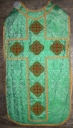 Ornement vert 1 : chasuble, étole, voile de calice, manipule, bourse de corporal