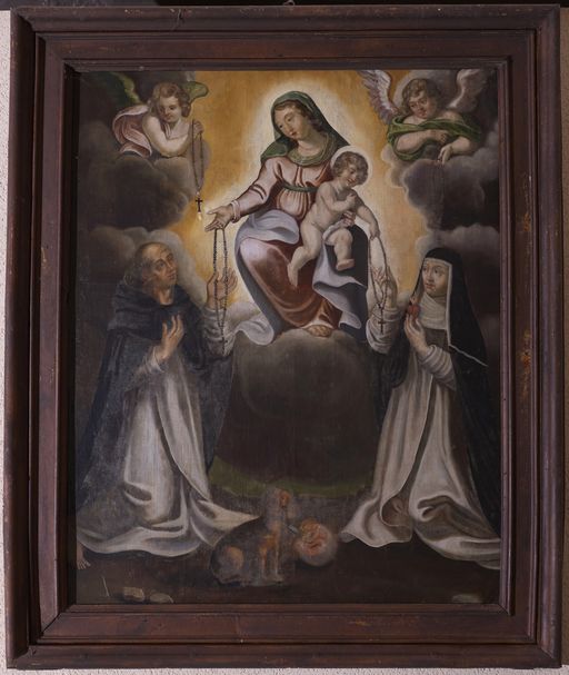 Tableau : Don du Rosaire à saint Dominique et à sainte Catherine de Sienne, église Saint-Gildas (Bohal)