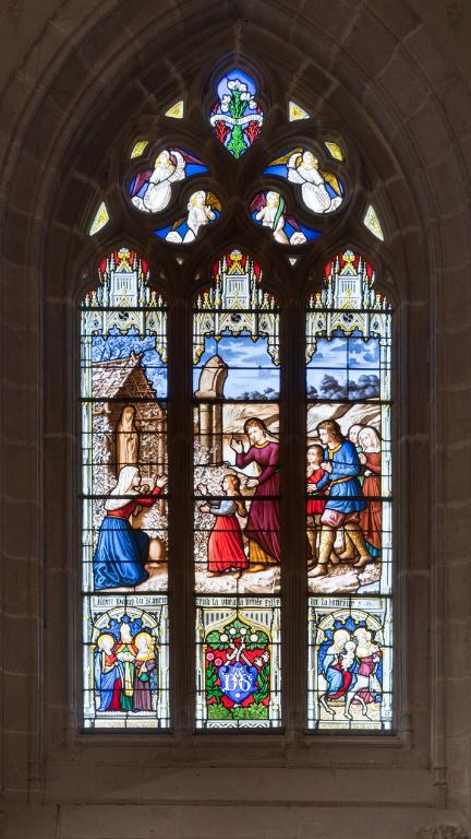 Verrière à personnages de la baie 1 : Guérison de la fille du laboureur, basilique Notre-Dame-du-Roncier (Josselin)
