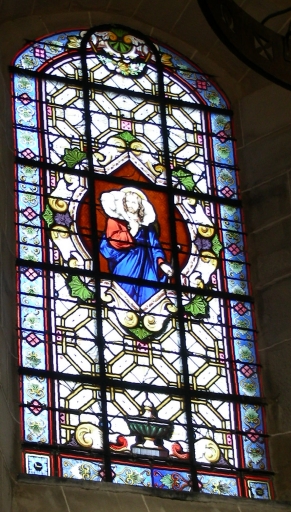Ensemble des verrières des baies 1 à 5 : Bon Pasteur, Notre-Dame du Sacré Coeur, Saint Maur ?, Apparition du Sacré-coeur à sainte Marguerite-Marie, Sainte Marie-Madeleine
