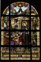 Verrières à personnages des baies 1, 2, 5, 7 : Saint Vincent de Paul, Bienheureuse Jeanne d'Arc, Education de la Vierge, Saint Julien