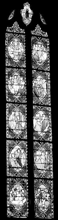 Ensemble de deux verrières à personnages des baies 1 : vie de saint Pierre, et 2 : vie de saint Paul, église paroissiale Saint-Pierre (Plouescat)
