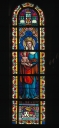 Ensemble des 7 verrières à personnages des baies 100 à 106 : Vierge à l'Enfant, saint Jean-Baptiste, sainte Marguerite-Marie, sainte Bernadette, saint Malo, sainte Thérèse de l'Enfant-Jésus, sainte Germaine