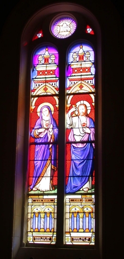 Ensemble des verrières des baies 0 à 14, 00, 101, 102 : Annonciation, Sacrés Coeur de Jésus et de Marie, et divers saints