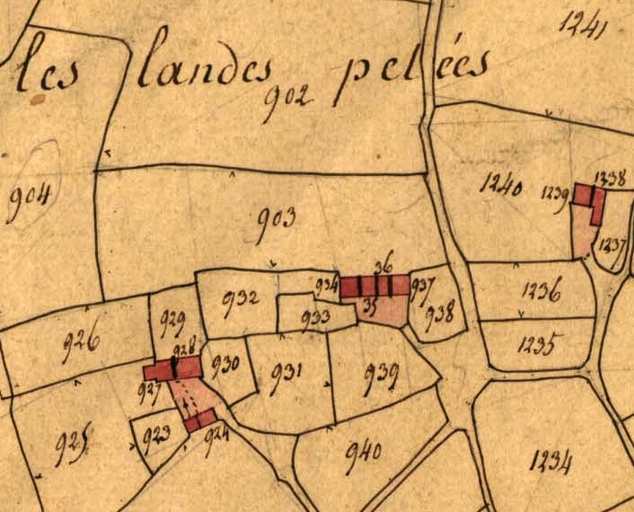 Maisons, alignement de quatre logis, les Landes-Pelées (Créhen)