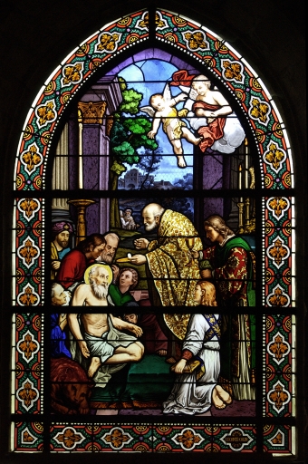 Ensemble des 9 verrières à personnages des baies 1, 3, 4, 6 à 8, 10, 12, 00 : ND de Lourdes, Communion de saint Jérome, Résurrection de Lazare, Christ au mont des Oliviers, Christ préchant, Laissez venir à moi les petits enfants, Jésus et la Samaritaine