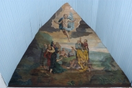 Ensemble de deux lambris de couvrement peints : L'Ascension du Christ ; L' Assomption de la Vierge