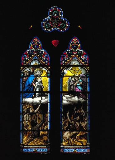 Verrière figurée décorative de la baie 16 : Vierge à l'Enfant bénissant le purgatoire