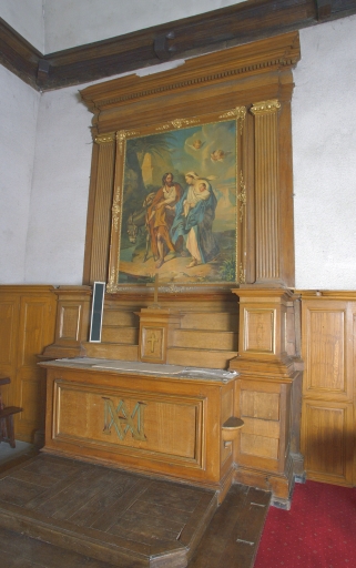 Ensemble de l'autel de la Vierge : autel, tabernacle, retable, 2 gradins d'autel, 3 degrés d'autel