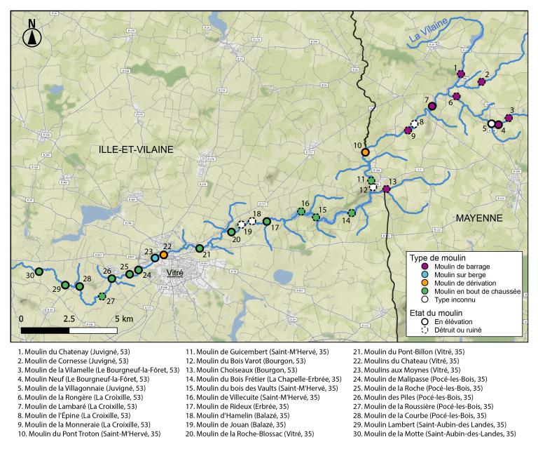 Les moulins du cours d'eau La Vilaine (partie amont)