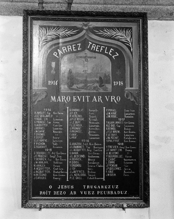 Tableau commémoratif des morts des morts de la guerre 1914-1918, église paroissiale Sainte-Édiltrude (Tréflez)