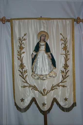 Bannière de procession : Immaculée Conception, coeurs enflammés