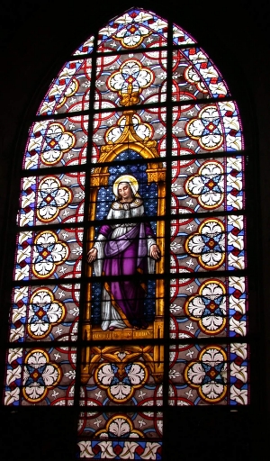 Ensemble de la verrière décorative (baie 00) et de 9 verrières à personnages des baies 1 à 8 : Immaculée Conception, Sainte Anne, Saint François d'Assise, Saint Sulpice, Saint Pierre, Saint Joseph, Saint Jean-Baptiste, Saint Louis