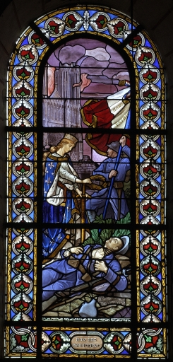 Verrière à personnages de la baie 105, servant de tableau commémoratif des morts de la guerre 1914-1918 : Mort d'un poilu