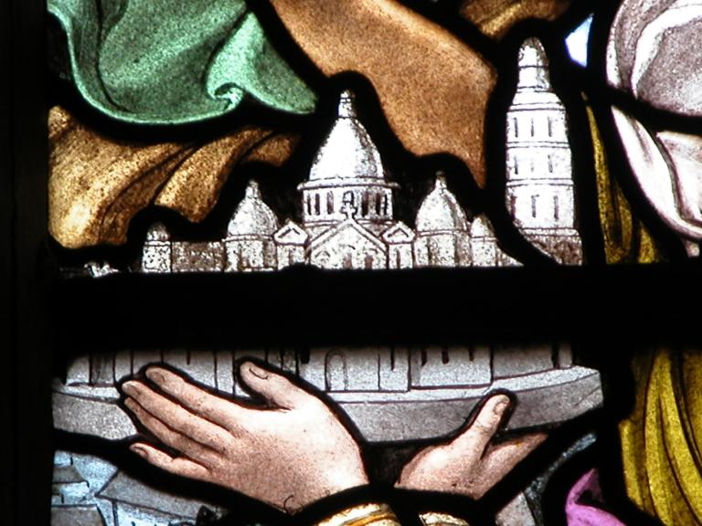 Verrière de la baie 4 (verrière à personnages, vitrail tableau) : Consécration de la France au Sacré Coeur