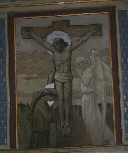 Tableau d'autel : Christ en croix avec un ange et sainte Marie-Madeleine, Chaumeray (Guipry fusionnée en Guipry-Messac en 2016)
