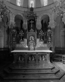 Autel, tabernacle, exposition (maître-autel, tabernacle à dais d'exposition), style néo-roman, église paroissiale Saint-Etienne (Val-d'Izé)