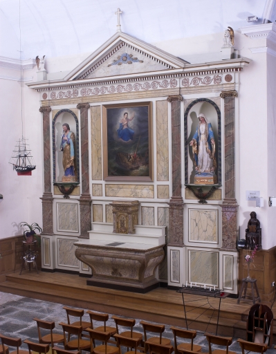 Ensemble de l'autel de la Vierge : autel, tabernacle, 2 gradins d'autel, retable, degrés d'autel