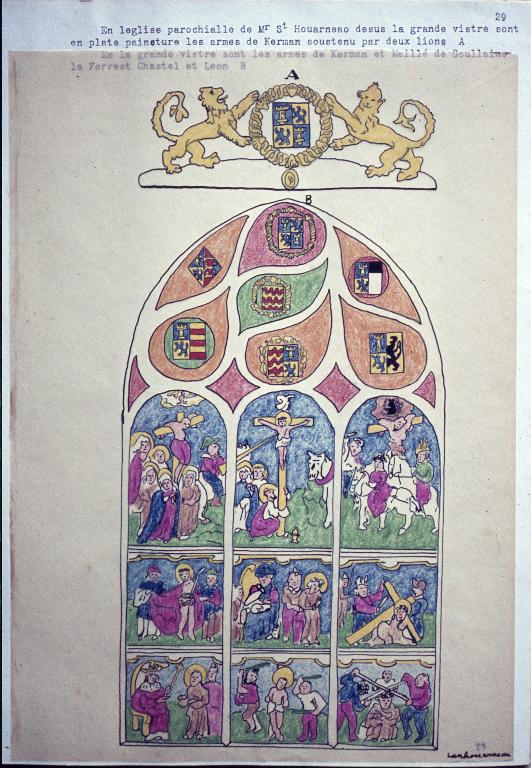 Ensemble des trois verrières à personnages des baies 0, 1 et 2 : Vie du Christ et Vie de la Vierge, église Saint-Hervé (Lanhouarneau)