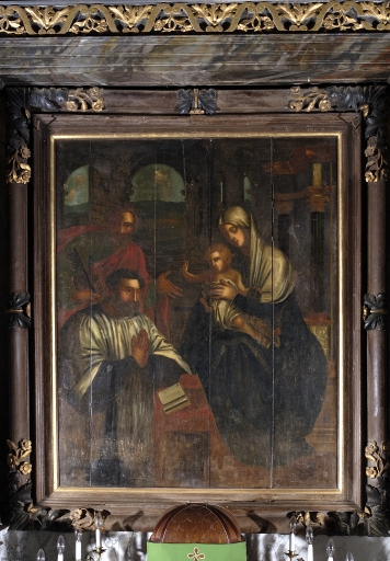 Tableau d'autel dans son cadre : Vierge à l'Enfant avec un donateur présenté par saint Pierre
