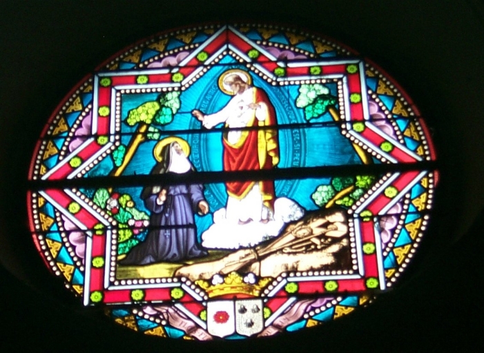 Ensemble des verrières à personnages des baies 0 à 4, de la rose et du tympan : Vierge de Pitié, saint Jean-Baptiste, sainte Philomène, saint Joseph et l'Enfant, saint Stanilas Kostka, Apparition du Sacré-Coeur, anges