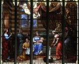 Ensemble de 3 verrières : Naissance de la Vierge ; sainte Anne, saint Joachim ; saint Pierre, saint Joseph