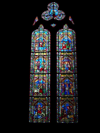 Verrière de la baie 5 (vitrail archéologique) : Vie de la Vierge