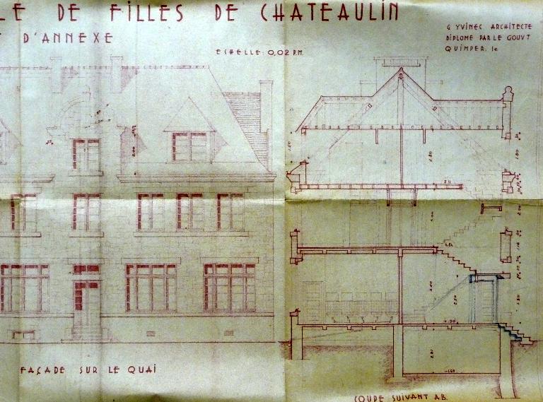 Ecole des filles et son annexe, actuellement groupe scolaire Marie Curie, quai Charles de Gaulle (Châteaulin)