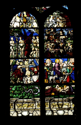 Verrière à personnages de la baie 3 : Paradis terrestre ; Enfance du Christ ; Baptême du Christ