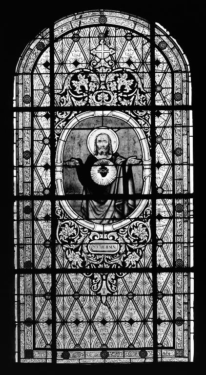 Ensemble de neuf verrières à personnages des baies 1 à 9 : Sacré-Coeur de Jésus, saint Herbot, saint Pol de Léon, saint Guévroc, Sacré-Coeur de Marie, saint Alar, sainte Ventroc, église paroissiale Sainte-Édiltrude (Tréflez)