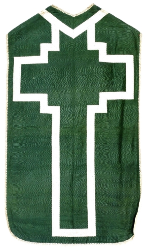 Ornement vert 1 : chasuble, bourse de corporal, étole, manipule, voile de calice