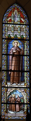 Ensemble des 9 verrières à personnages des baies 0 à 8 : Sacré Coeur, Saint Méen, Saint Laurent, Saint Lunaire, Saint Isidore, Saint François d'Assise, Saint Louis de Gonzague, Vie de la Vierge, et des 7 verrières décoratives de la nef