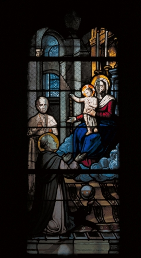 Verrière à personnages de la baie 7 : Donation du rosaire à saint Dominique