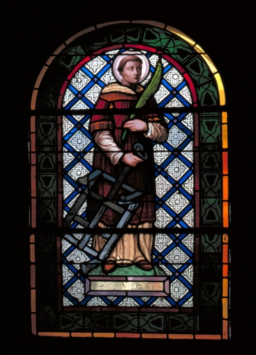 Ensemble de 6 verrières figurées : Sainte Hélène ; Saint Laurent ; Saint Etienne ; Saint Evêque ; Sainte Appoline ; Immaculée conception