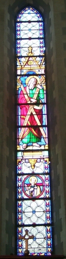 Ensemble des verrières à personnages des baies 0 à 4, 7, 8 : Vierge à l'Enfant, sainte Elisabeth, saints André, Jean-Baptiste, Maurice, Fiacre et Joseph