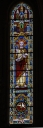 Verrières à personnages des baies 3 à 6, 8, 17 à 24, 100 à 104, 00 : Sacré Coeur, Saints Aubin, Louis, Pierre, Augustin, Jean, François d'Assise, Joachim, Michel, Immaculée Conception, Sainte Anne et verrières décoratives des baies 1, 2, 105 à 108