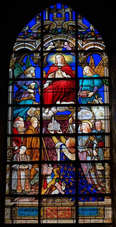 Verrières des baies 5, 8, 100 à 105 : La Cène, Consécration de la France au Sacré Coeur, Pâque juive, Sacrifice d'Isaac, Offrande de Melchisédech, Elie nourri par un corbeau, Adam et Eve assujettis au travail, Multiplication des pains