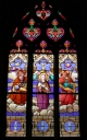 Ensemble de 2 verrières à personnages des baies 1 et 3 : Couronnement de la Vierge, Sainte Famille