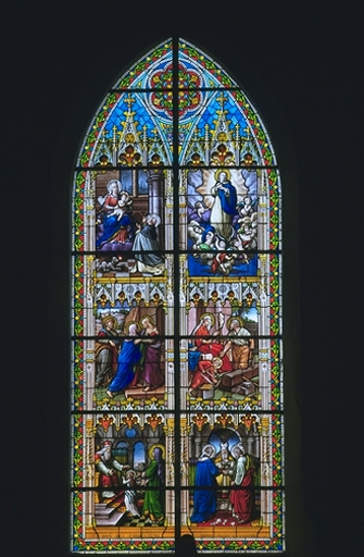 Verrière de la baie 3 (verrière hagiographique) : Présentation de la Vierge au temple, Mariage de la Vierge, Visitation, Sainte Famille, Assomption, Don du rosaire à saint Dominique