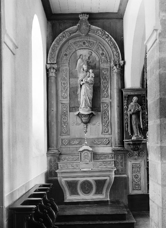 Ensemble des deux autels secondaires de Saint-Joseph et du Rosaire : deux autels, deux retables, gradins d'autel, église paroissiale Saint-Pierre (Plougar)