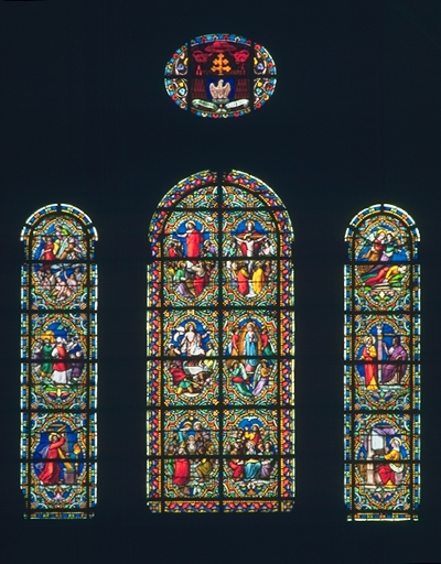 Verrière de la baie 00 : vie du Christ, vie de sainte Cécile, scènes bibliques illustrant la musique