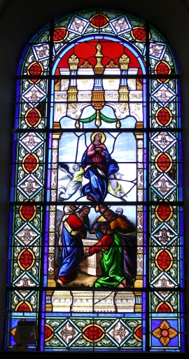 Ensemble de 6 verrières à personnages : Assomption de la Vierge ; Résurrection du Christ ; Saint Joseph ; Sainte Anne ; Saint Pierre ; Saint Jean